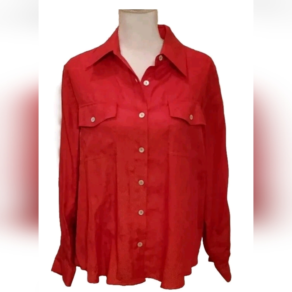 Coldwater Creek Orange Button Up Roll Sleeve Top Sz L Silk Cotton Luxurious feel